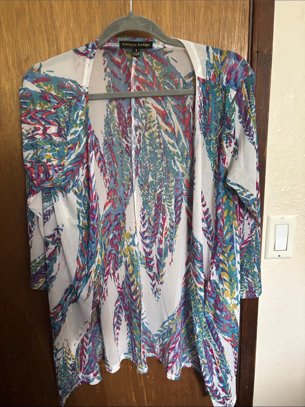 Open-Front Multicolor Feather Print Top - White Base